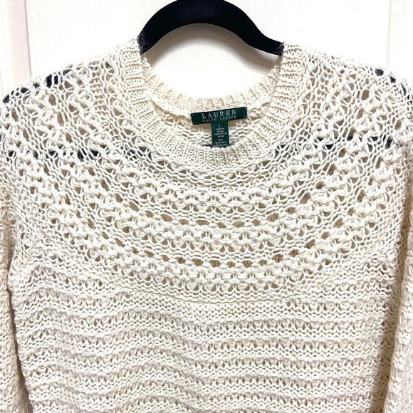 Lauren Ralph Lauren Alpaca Blend Open Knit Sweater L Cream Textured Pullover - Picture 3 of 9